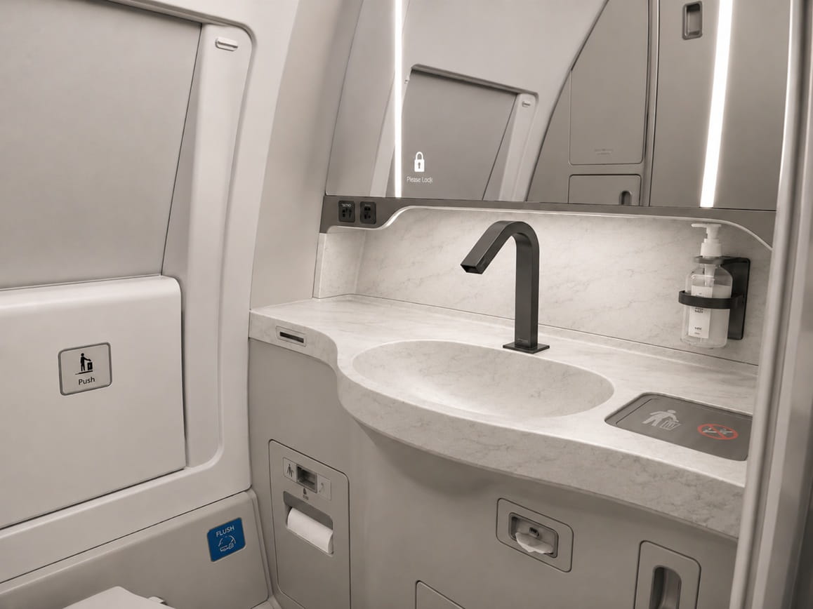 Passenger hand position under an aircraft lavatory faucet within the intended activation area